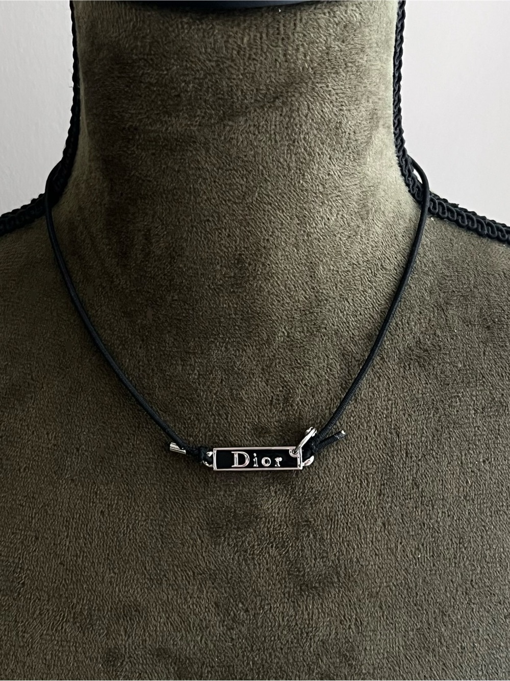 Authentic Vintage Dior Silver Logo Tag Black String Necklace/2-Layer Bracelet